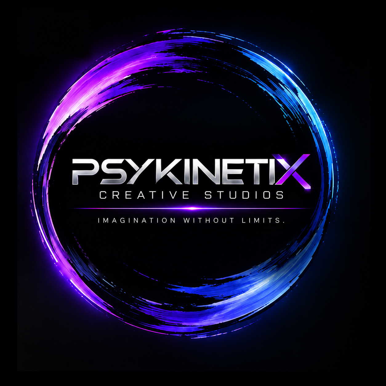 Official PSYKINETIX circular logo with metallic silver wordmark and violet and blue ring